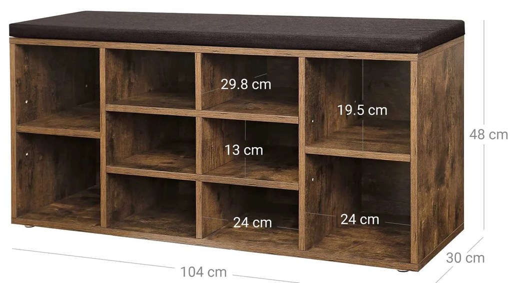 10 cipőtároló pad, cipőpad, cipőtartó párnával, rusztikus barna