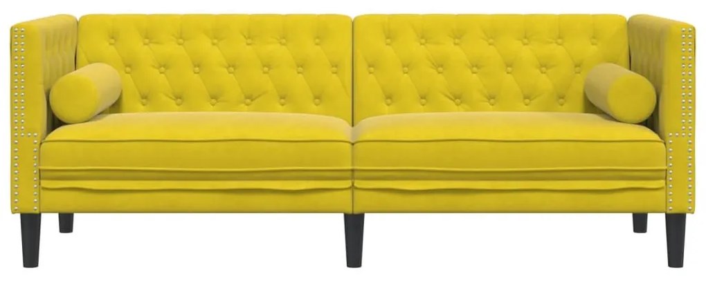 3 személyes sárga bársony Chesterfield kanapé hengerpárnákkal