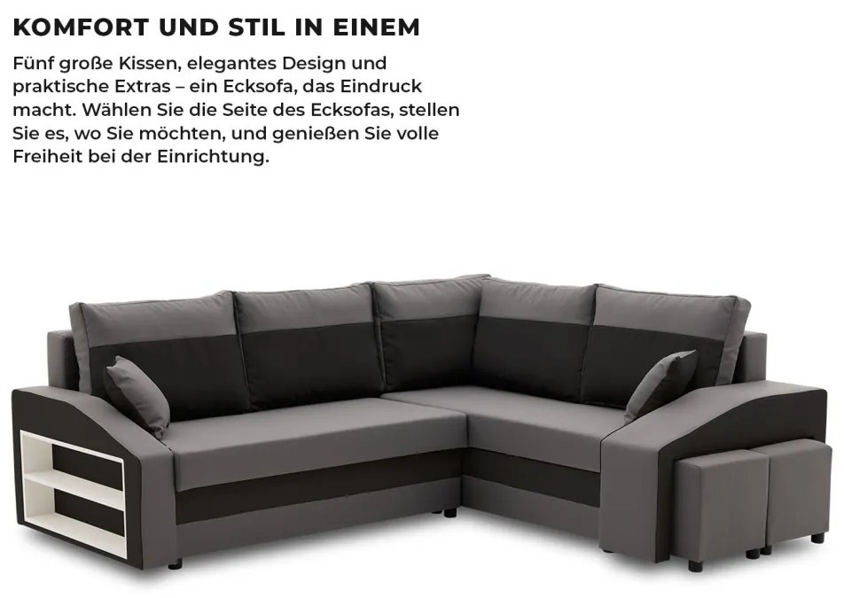 Grande sarokkanapé polcokkal és puffokkal , polc a bal karfaban puffok a jobb karfaban, jobboldali, szövet anyag, hab töltet, szürke - fekete