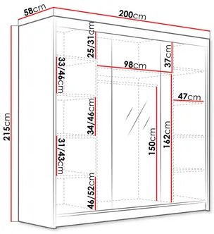 Ruhásszekrény tolóajtókkal Fozzurt VI 200 (fehér + arany) (tükörrel). 1105702
