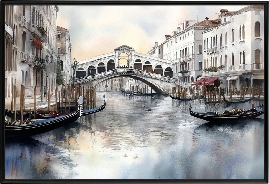 Poszter Keret Alumínium Város Olaszország Velence Híd Rialto Gondola 60x40