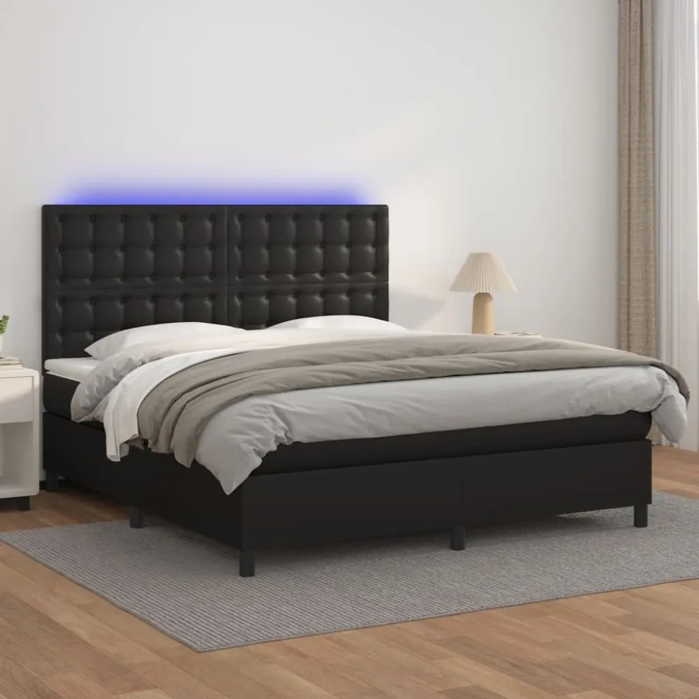 fekete műbőr rugós ágy matraccal és LED-del 160x200 cm