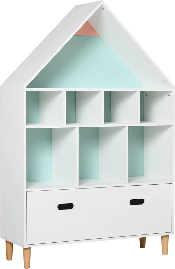 HOMCOM Gyermek Fa Könyvespolc Ház Formájú Könyvespolc 8 Nyitott Rekesszel és Két Színű Fiókkal 82x30x126 cm Fehér | Aosom