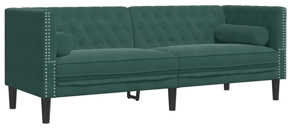 3 személyes sötétzöld bársony Chesterfield kanapé párnákkal