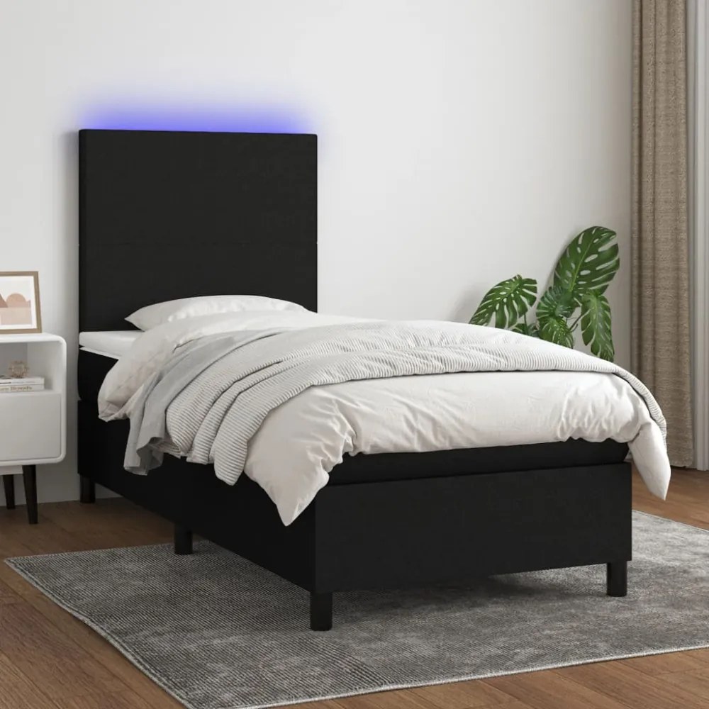 fekete szövet rugós és LED-es ágy matraccal 90x200 cm