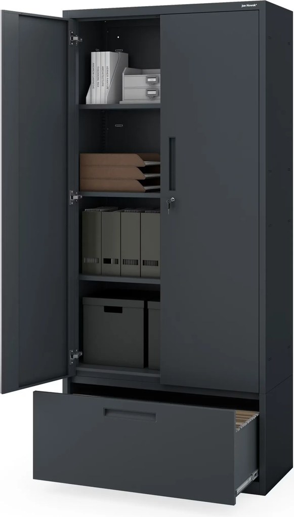 Moduláris többfunkciós fém szekrény magas fiókkal antracit MEGAN 1950 x 900 x 400 mm