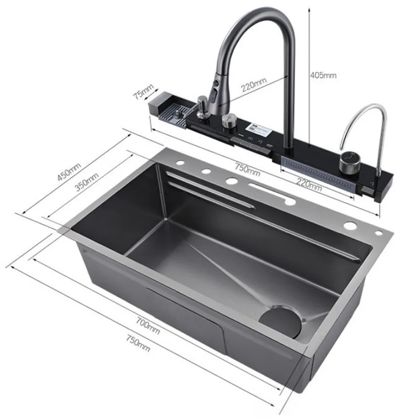 Catania multifunkciós rozsdamentes mosogató digitális csapteleppel