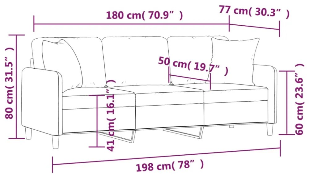 3 személyes tópszínű szövetkanapé díszpárnákkal 180 cm