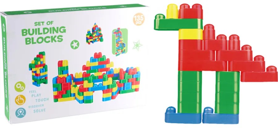 135 db-os XXXL Építőkocka Készlet – 5 Forma és Méret, Színes Dobozban