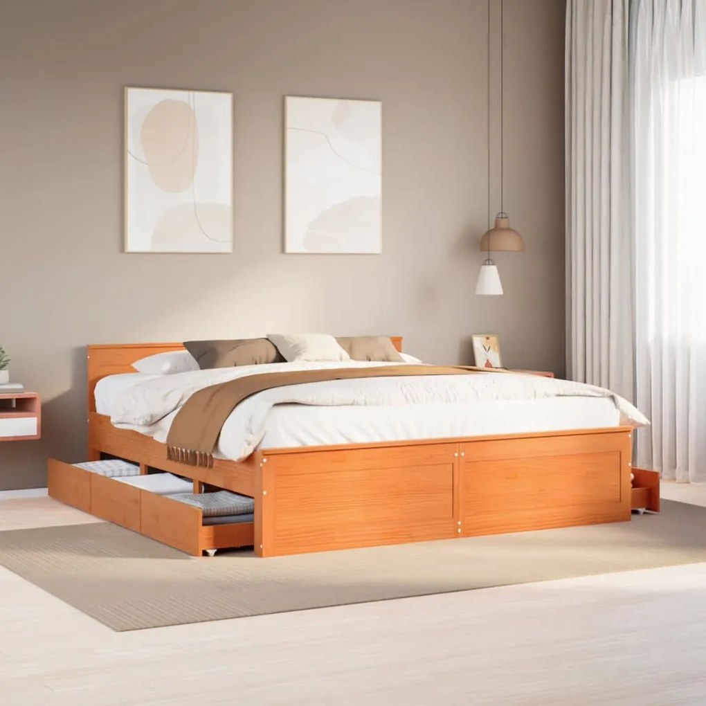 barna tömör fenyőfa ágy matrac nélkül fejtámlával 200 x 200 cm