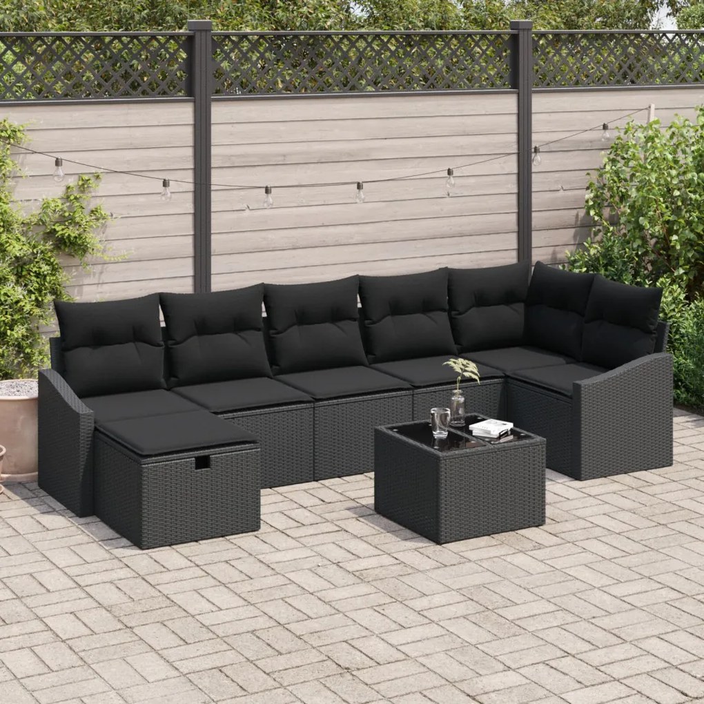 8 részes kerti kanapé szett párnákkal fekete poly rattan