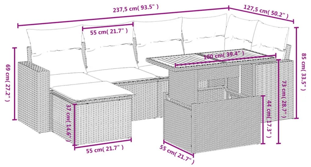 7 részes bézs polyrattan kerti ülőgarnitúra párnákkal