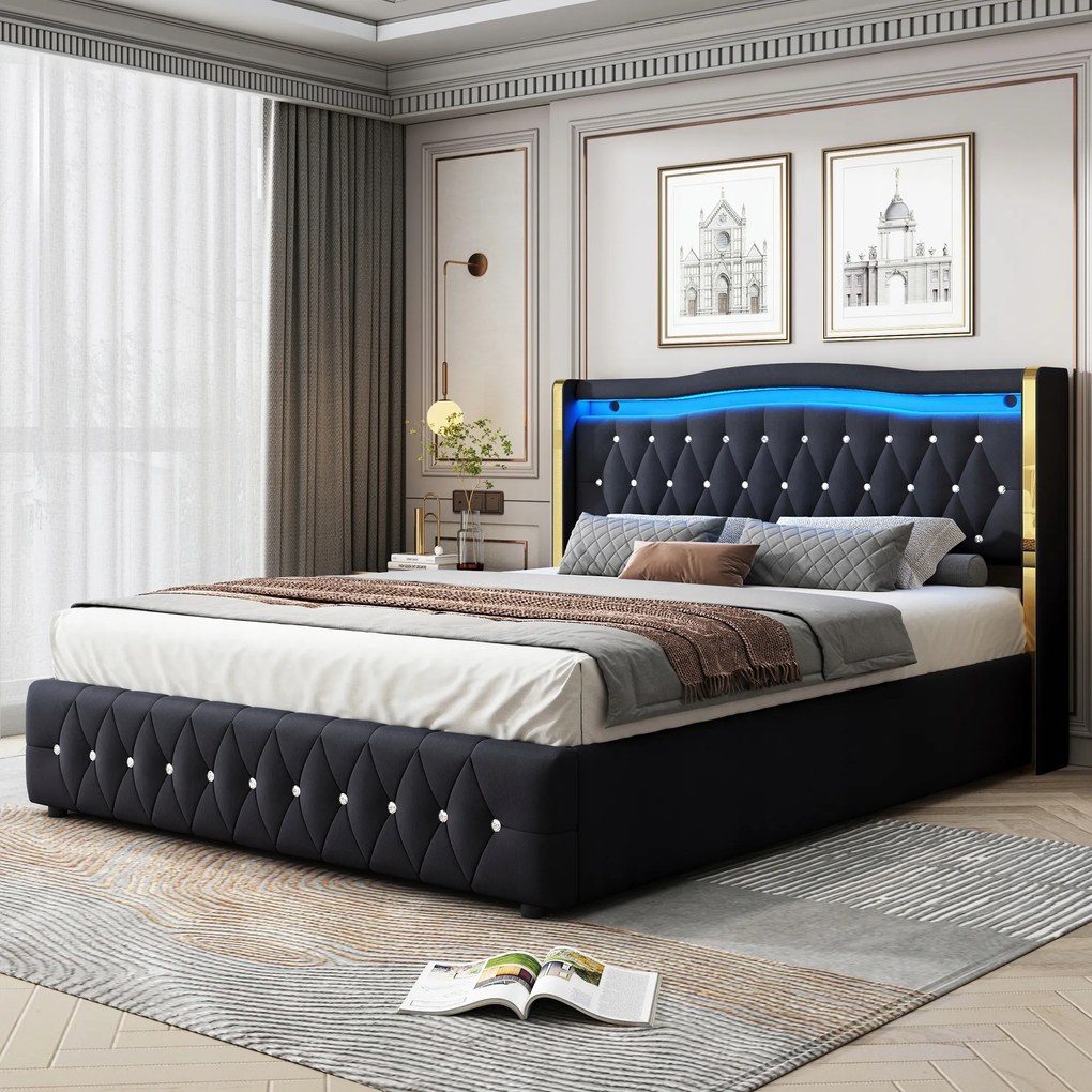 Kárpitozott ágy 160*200cm Led Hidraulikus franciaágy fekete