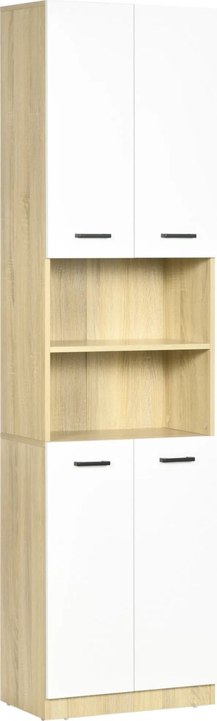 kleankin Magas Fürdőszobai Segédszekrény 4 Ajtóval, 2 Nyitott Polccal és Állítható Polcokkal, Modern Stílus, 53x33.5x195.7 cm, Fehér és Tölgy | Aosom