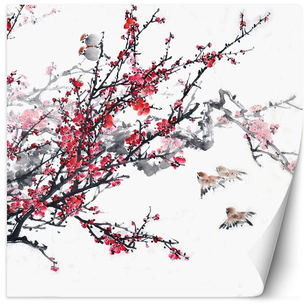 Gario Fotótapéta Madarak egy gallyon, cseresznyevirág, cseresznyevirág Anyag: Vlies, Méret: 300 x 300 cm