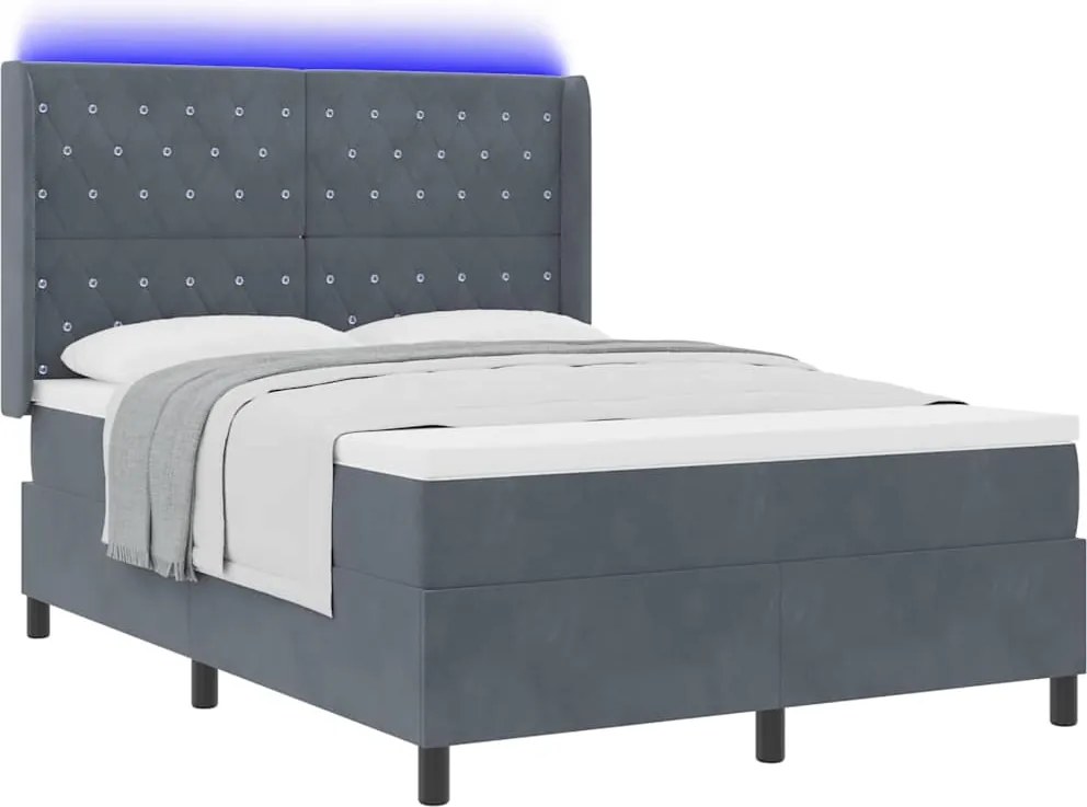 vidaXL Boxrugós ágy LED -es lámpákkal Sötétszürke 140 x 190 cm Bársony