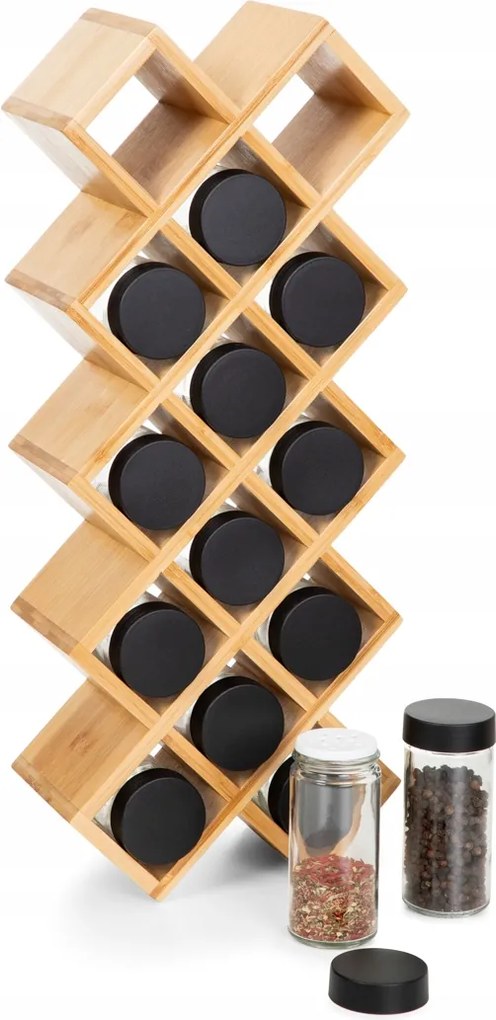 Fűszertartó szett bambusz állványon 14 db fűszertartó tégely