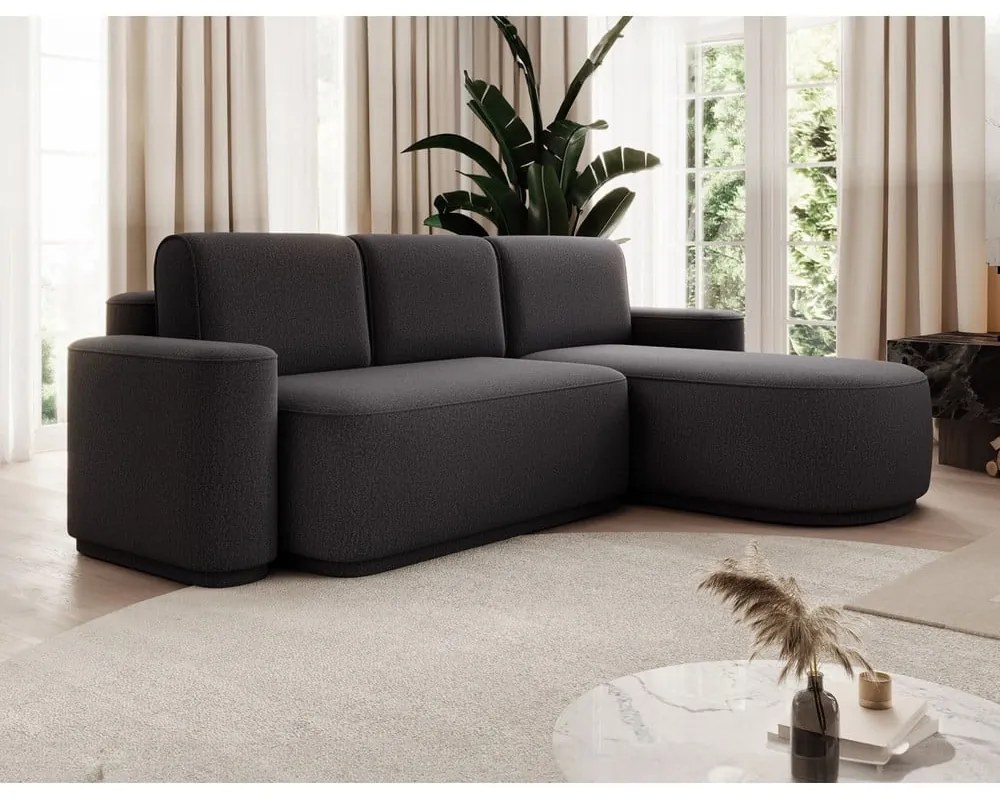Sötétszürke zsenília kinyitható-tárolóhelyes sarokkanapé (jobb oldali-heverő résszel) Aurumm – ELTAP