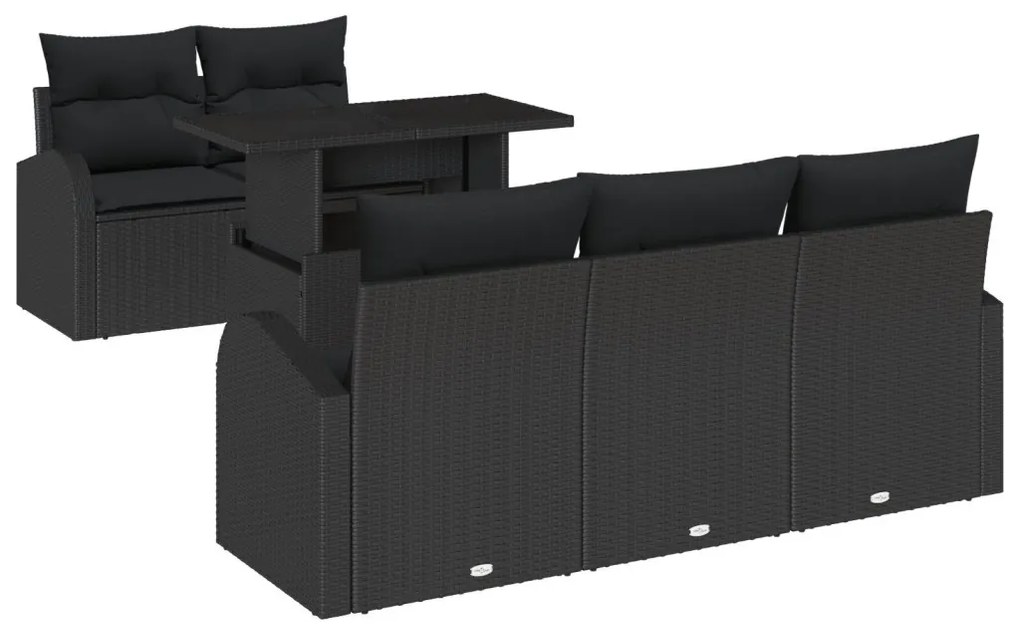 6 részes Kert Kanapé Szett Párnákkal Fekete Poly Rattan, 2 Személyes Kert Kanapé Tárolóval és Párnákkal Fekete Poly Rattan