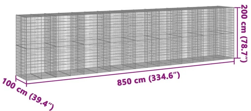 horganyzott vas gabion kosár fedéllel 850 x 100 x 200 cm