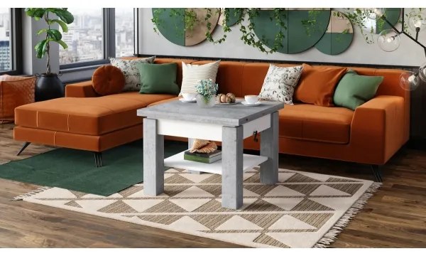 Átalakítható CALEB konferencia/étkezőasztal emelhető lappal, szürke beton/fehér