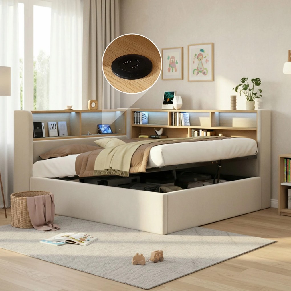 Összecsukható kanapé, kárpitozott ágy, hidraulikus Led Usb 140x190 polc Bézs