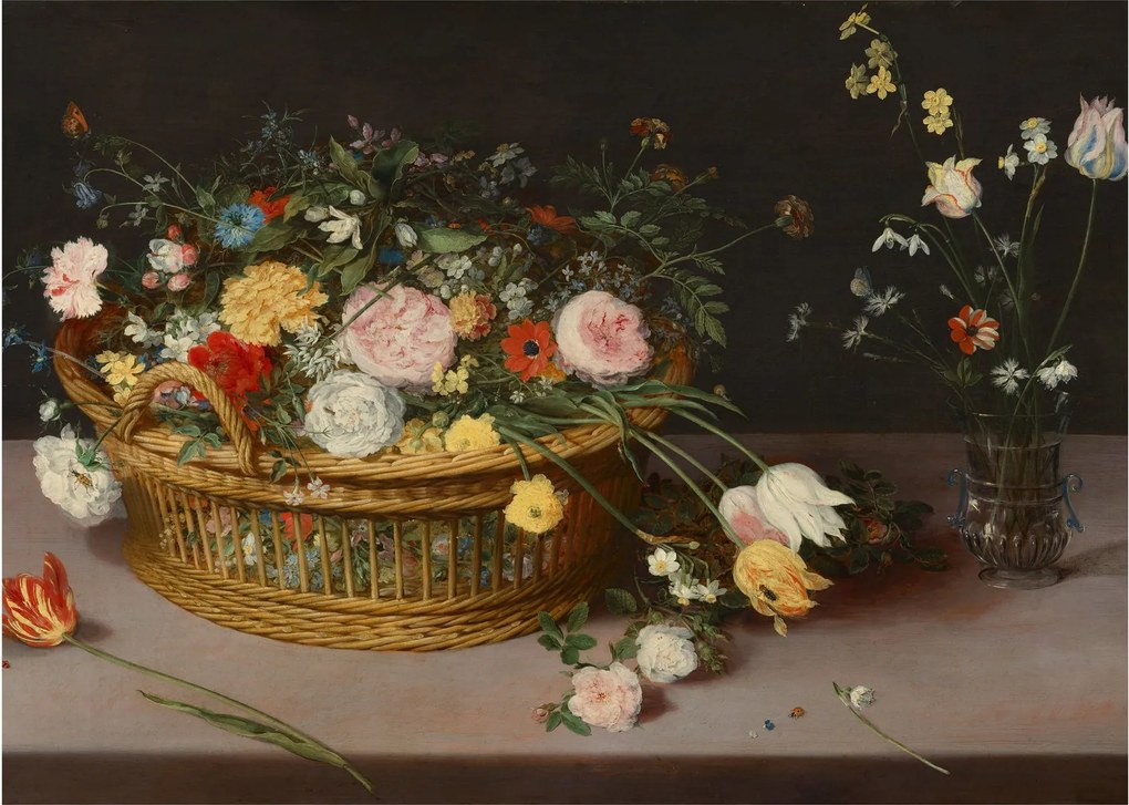 Üveg kép - Jan Brueghel the Elder, Flowers in a Basket and a Vase, reprodukciók (70x50 cm)
