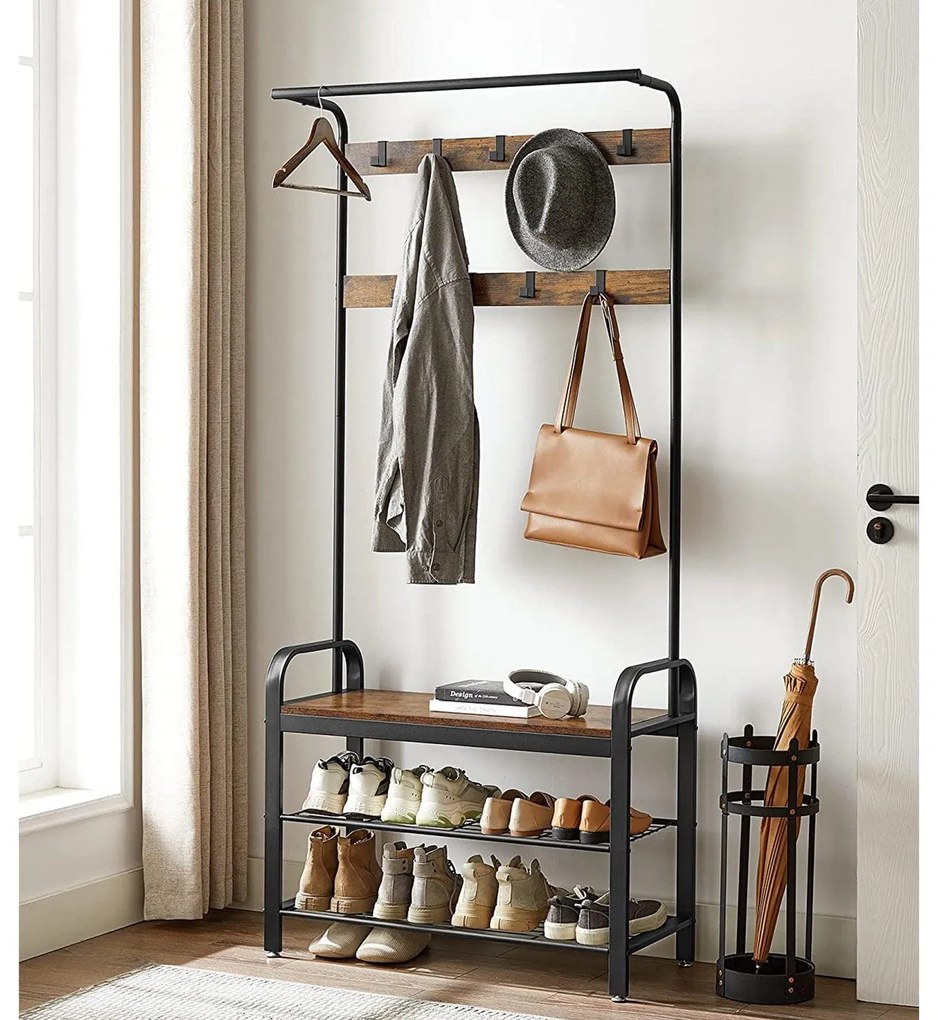Kabáttartó, előszobafal cipőtartóval, 84 x 183 x 33,7 cm, rusztikus barna