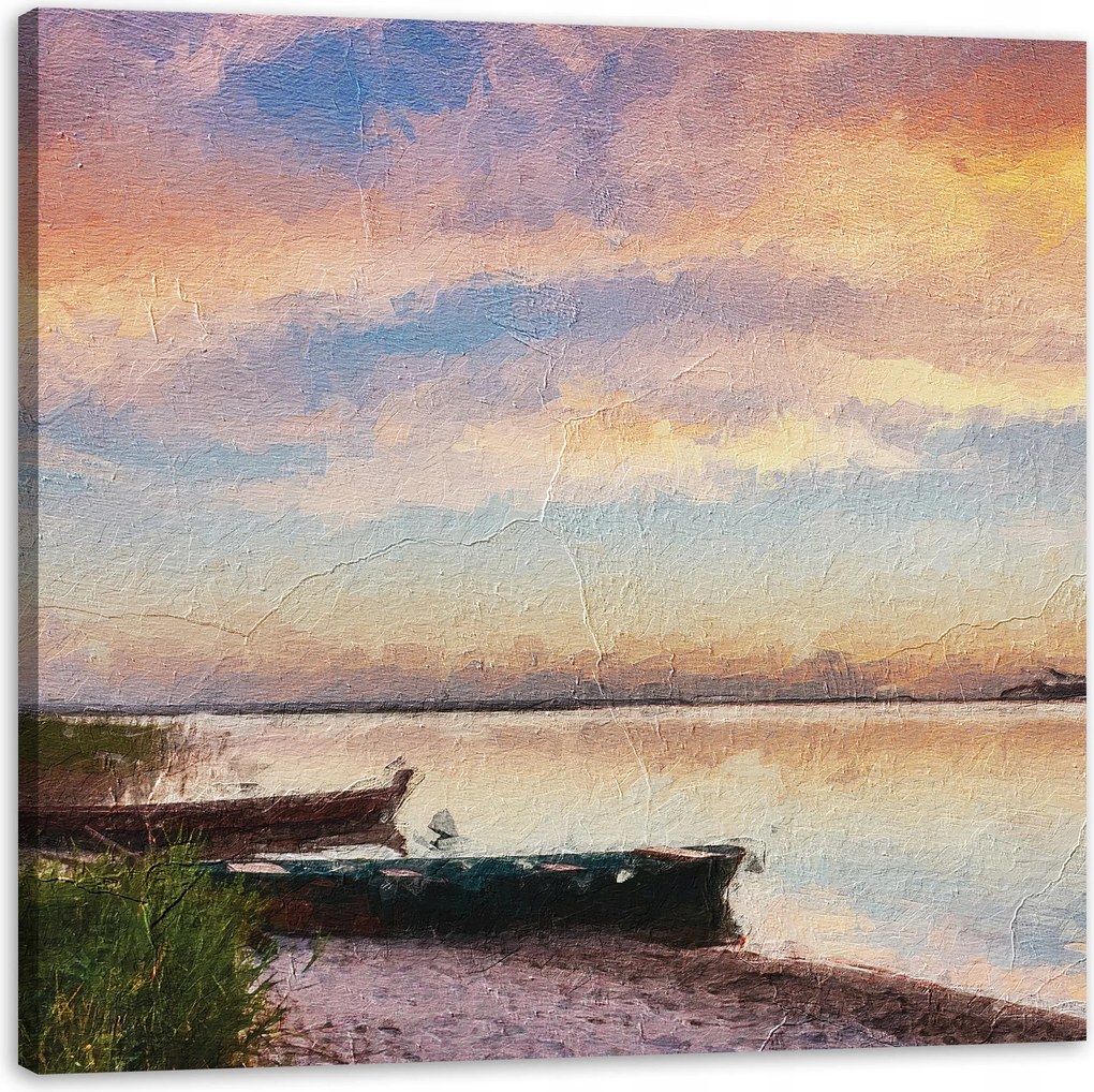 Vászonkép Olajfestmény Csónakok a parton 90X90 cm