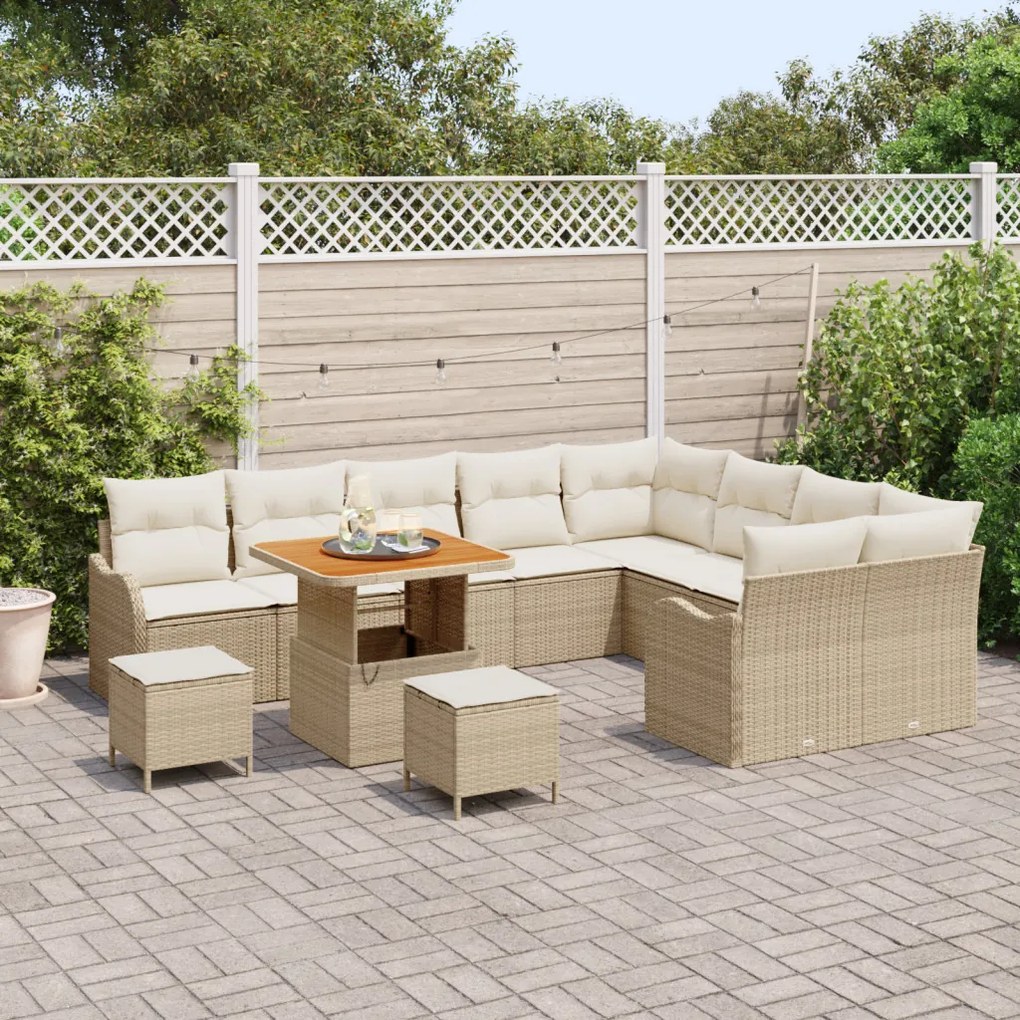 12 Részes Kerti Kanapészett Párnákkal Bézs Poly Rattan Acacia
