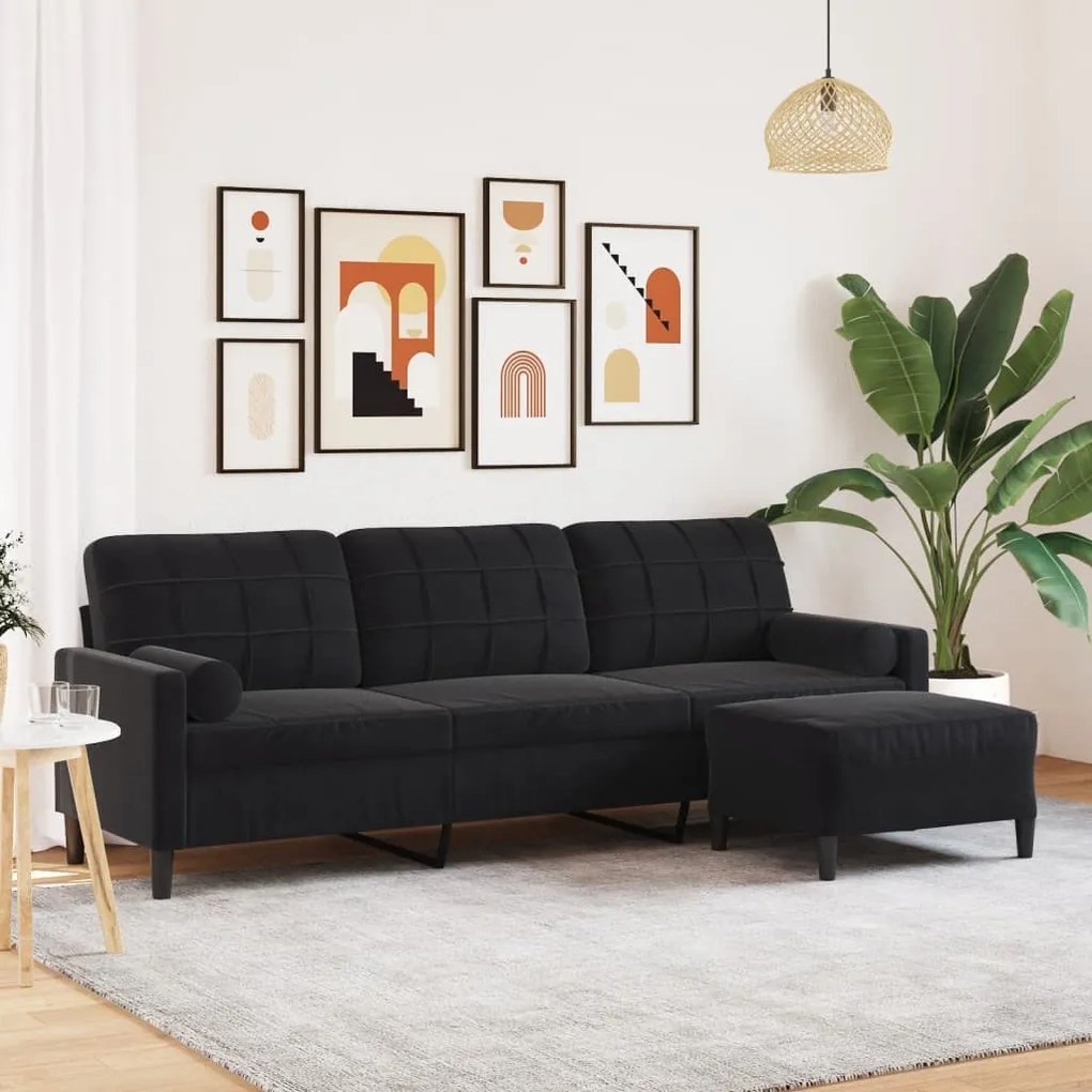 3 személyes fekete bársony kanapé lábtartóval 210 cm