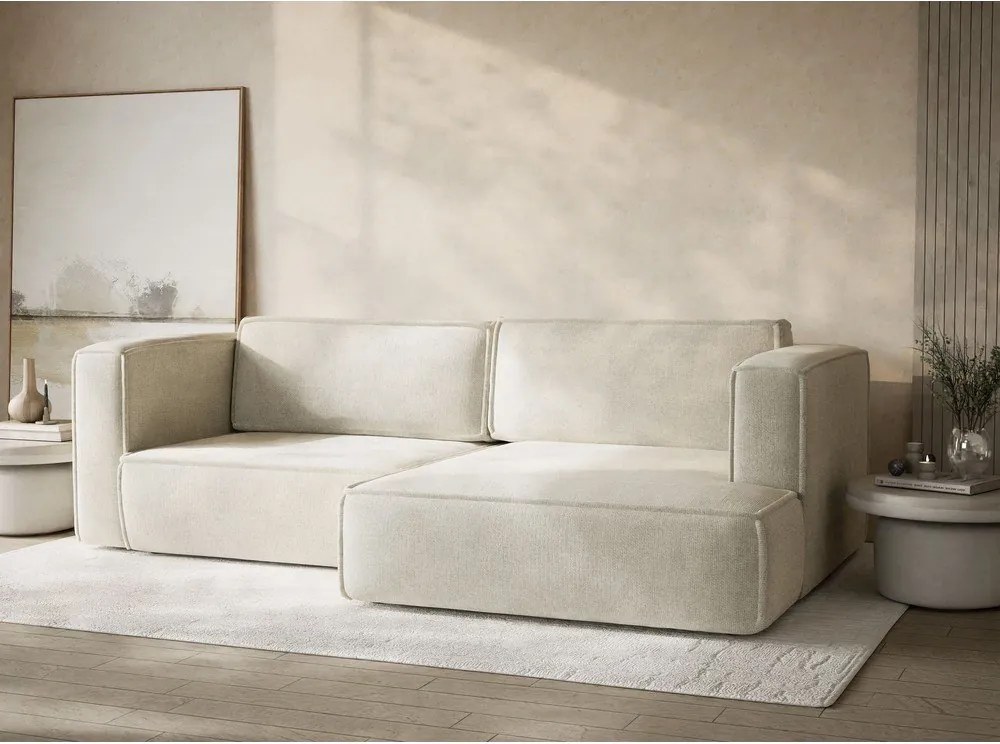 Krémszínű zsenília kinyitható-tárolóhelyes sarokkanapé (jobb oldali-heverő résszel) Velto – Maison de Rêve