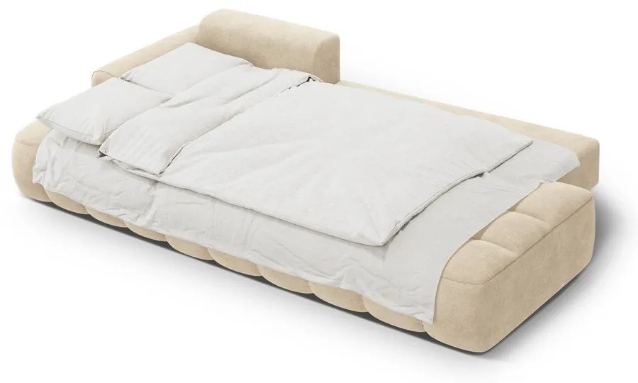 Bézs bársony kinyitható-tárolóhelyes sarokkanapé (bal oldali-heverő résszel) Linz – Cosmopolitan Design