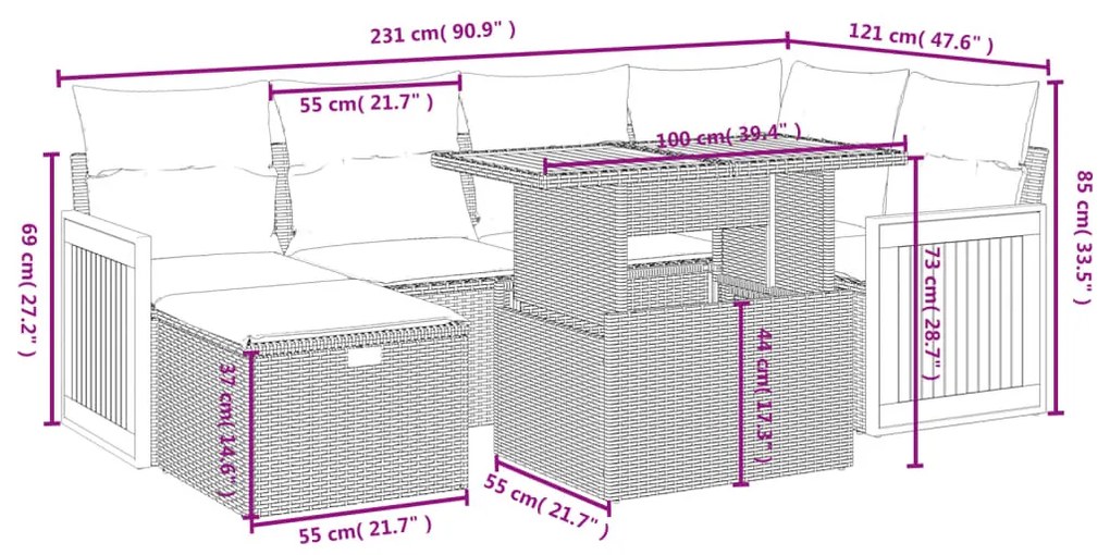 7 részes fekete polyrattan kerti ülőgarnitúra párnával