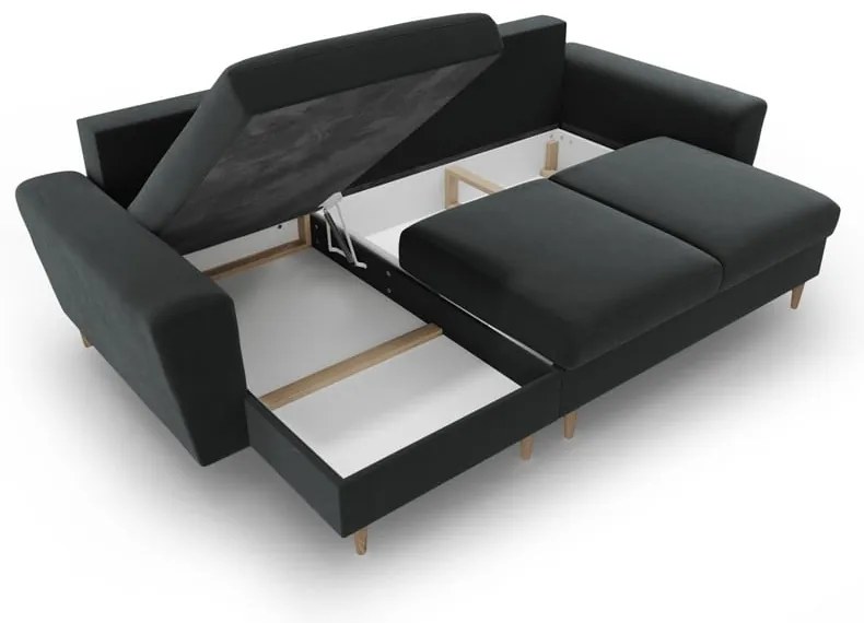 Sötétszürke bársony kinyitható tárolóhelyes sarokkanapé Kyoto – Cosmopolitan Design