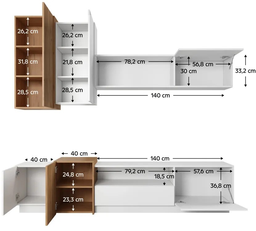 Nappali fal, fehér/tölgy craft arany, TRIO
