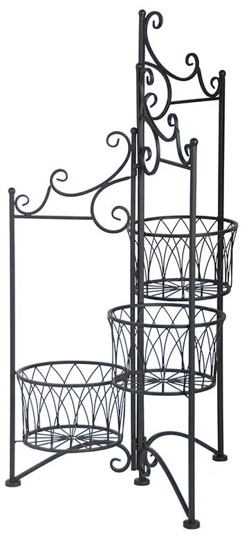 Összecsukható kovácsoltvas virágtartó állvány, 3 fém kosárral, 49 x 98 cm