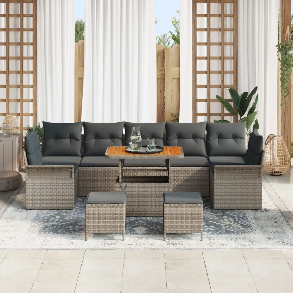 10 Darabos Kerti Sofa Készlet Párnákkal Szürke Poli Rattan Akác