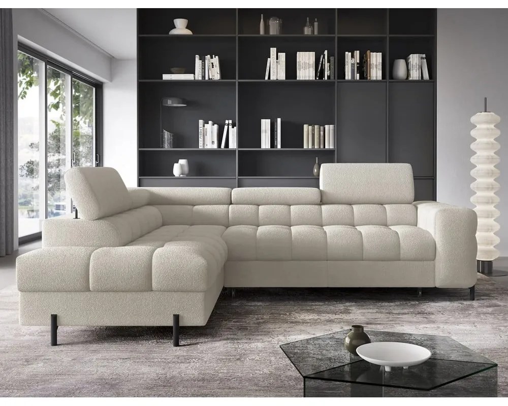 Krémszínű buklé kinyitható-tárolóhelyes sarokkanapé (bal oldali-L alakú) Ferucce – ELTAP