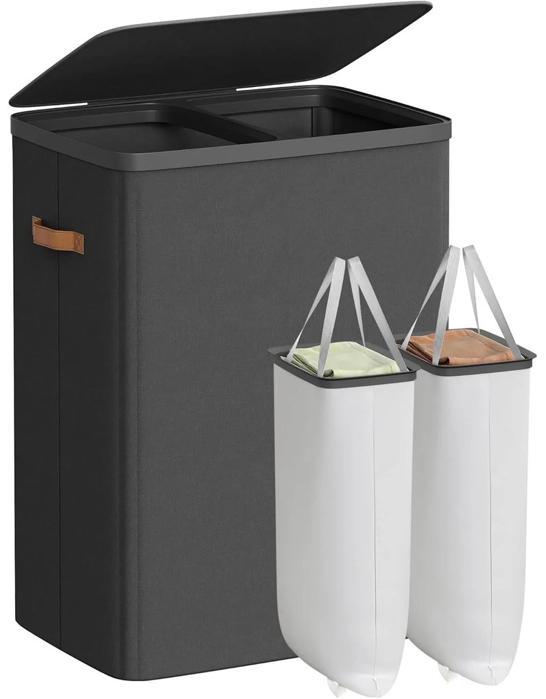 szennyeskosár 2 rekesszel, 170 l, 56 x 40 x 75 cm, fekete