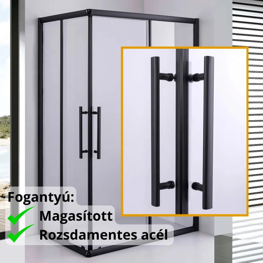 Stuxi Nizza Black 120x80 cm aszimmetrikus két tolóajtós zuhanykabin 6 mm vízlepergető biztonsági üveggel, fekete elemekkel, 190 cm magas