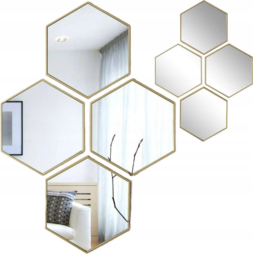 4 db-os tükör szett Hexi hexagon fali modern keret arany loft glamour