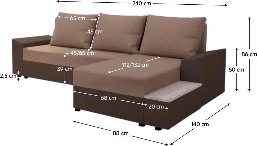 Univerzális ülőgarnitúra, barna/világosbarna, FERGUS ROH