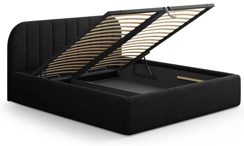 Fekete kárpitozott ágyneműtartós franciaágy ágyráccsal 200x200 cm Juno – Windsor & Co Sofas