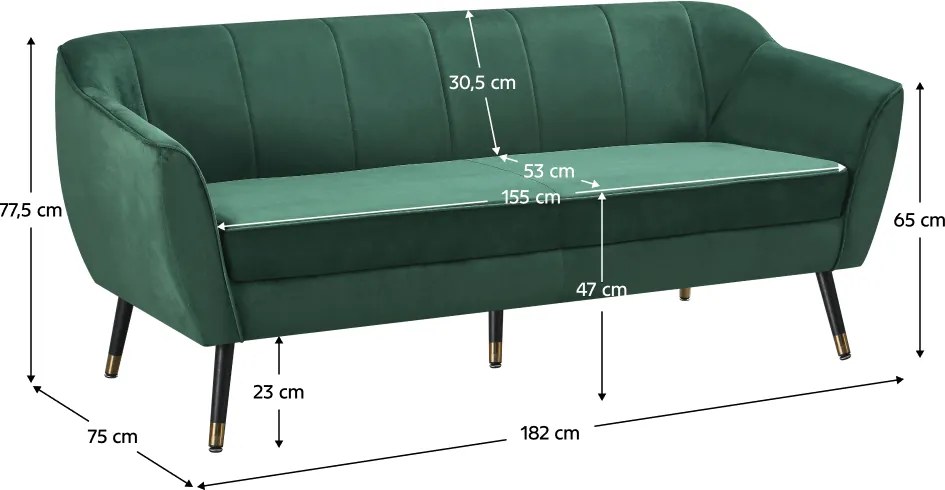 Design 3 személyes kanapé, zöld Velvet szövet/fekete/arany, VIODA