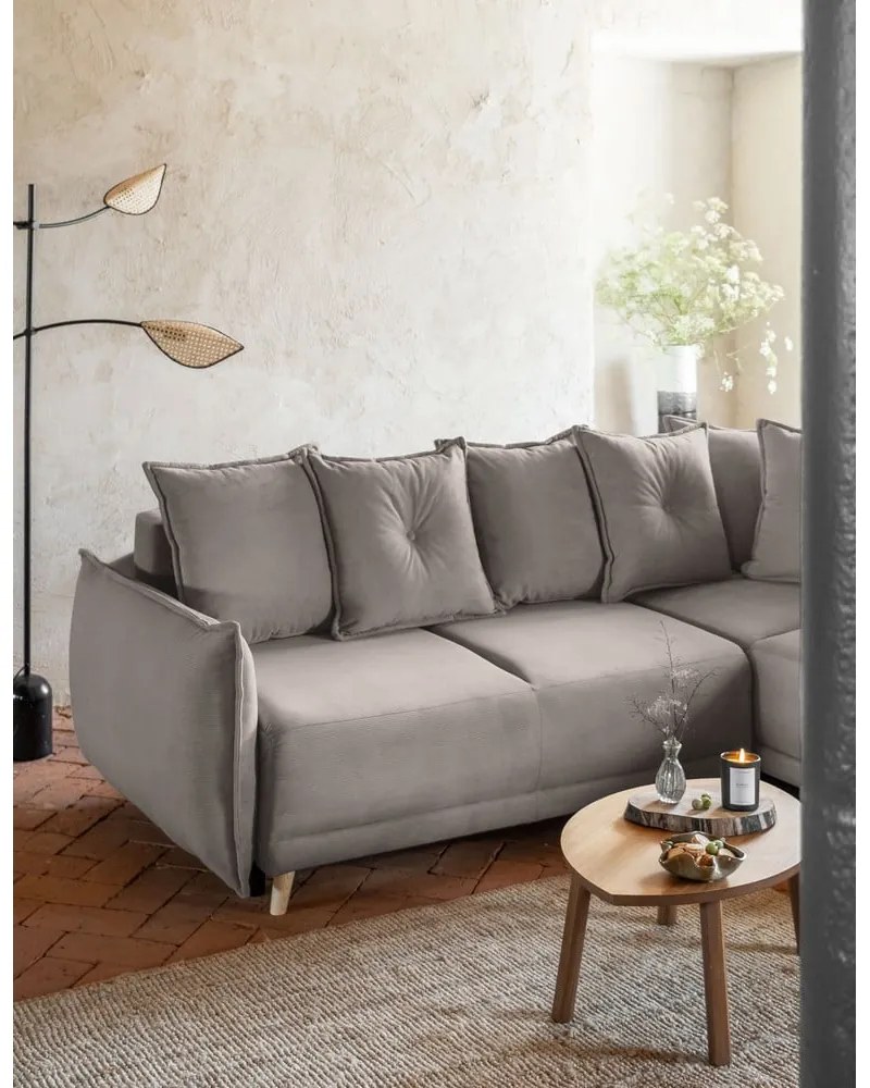 Világosbarna kordbársony kinyitható sarokkanapé (jobb oldali) Lazy Lukka – Miuform