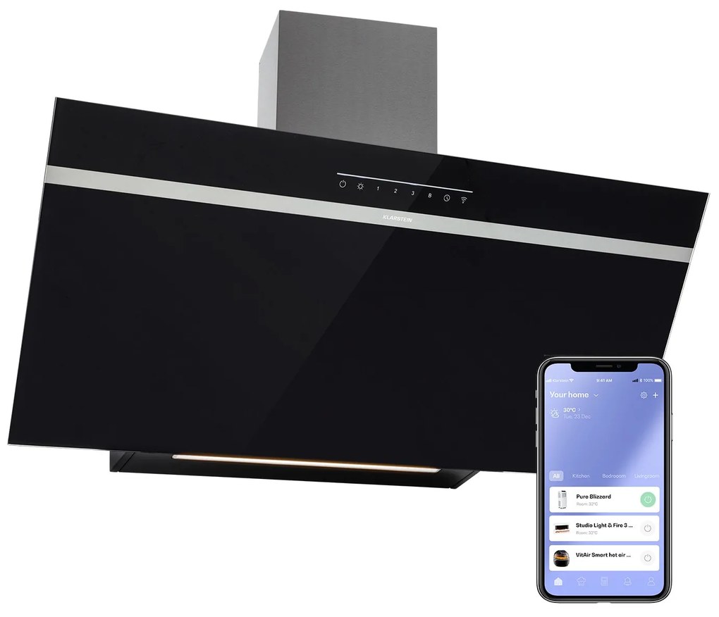 Klarstein Ava 90, Smart, páraelszívó, 90 cm, falra szerelhető, WiFi, A++, 515m³/h, érintőképernyő
