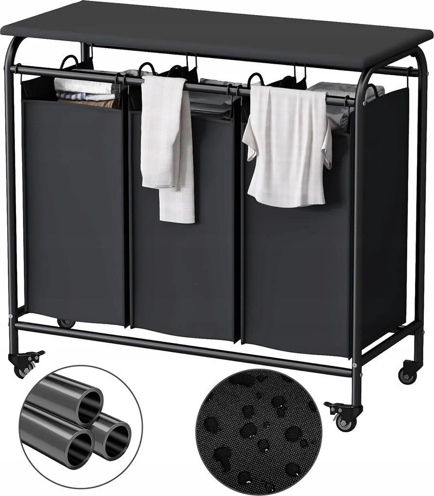 Szennyestartó Kosár Szabadon Álló 3 Rekeszes Polcos Tároló Görgőkkel