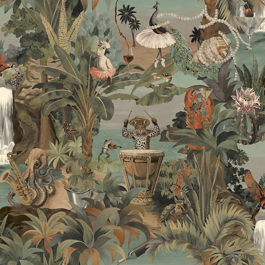 Holden Decor Wanderlust Sunset Carnival kék-korall állatos vlies tapéta – 92092