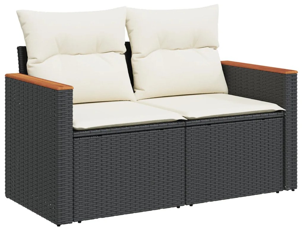 12 darabos kerti kanapé szett párnákkal Fekete Poli rattan Acacia, 3 darabos kerti étkező szett párnákkal Fekete Poli rattan Acacia